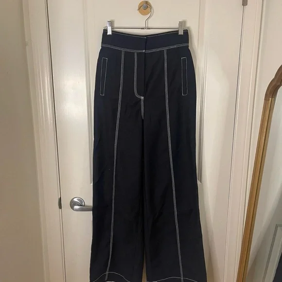 Acler Black Wide Leg Pants with White Stitching - Picture 7 of 8